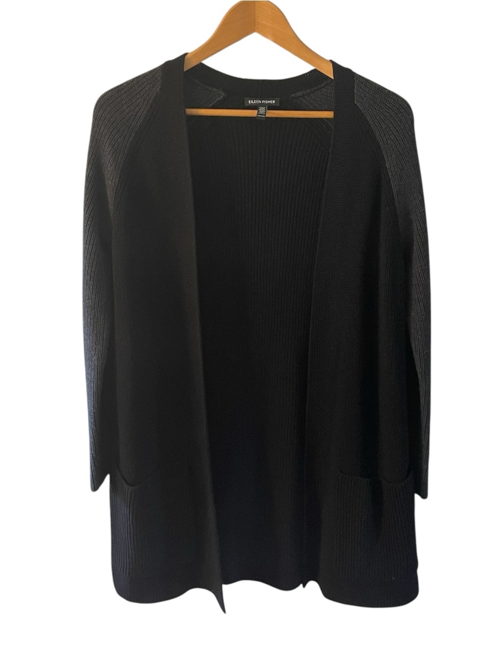 H9- Merino Wool Eileen Fisher Black Open-Front Ribbed Long Cardigan
